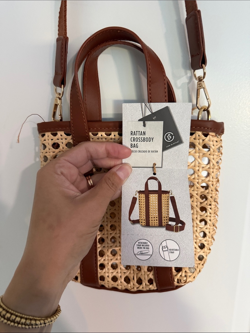 Woven Rattan Crossbody Tote Bag in Brown - Picture 3 of 5